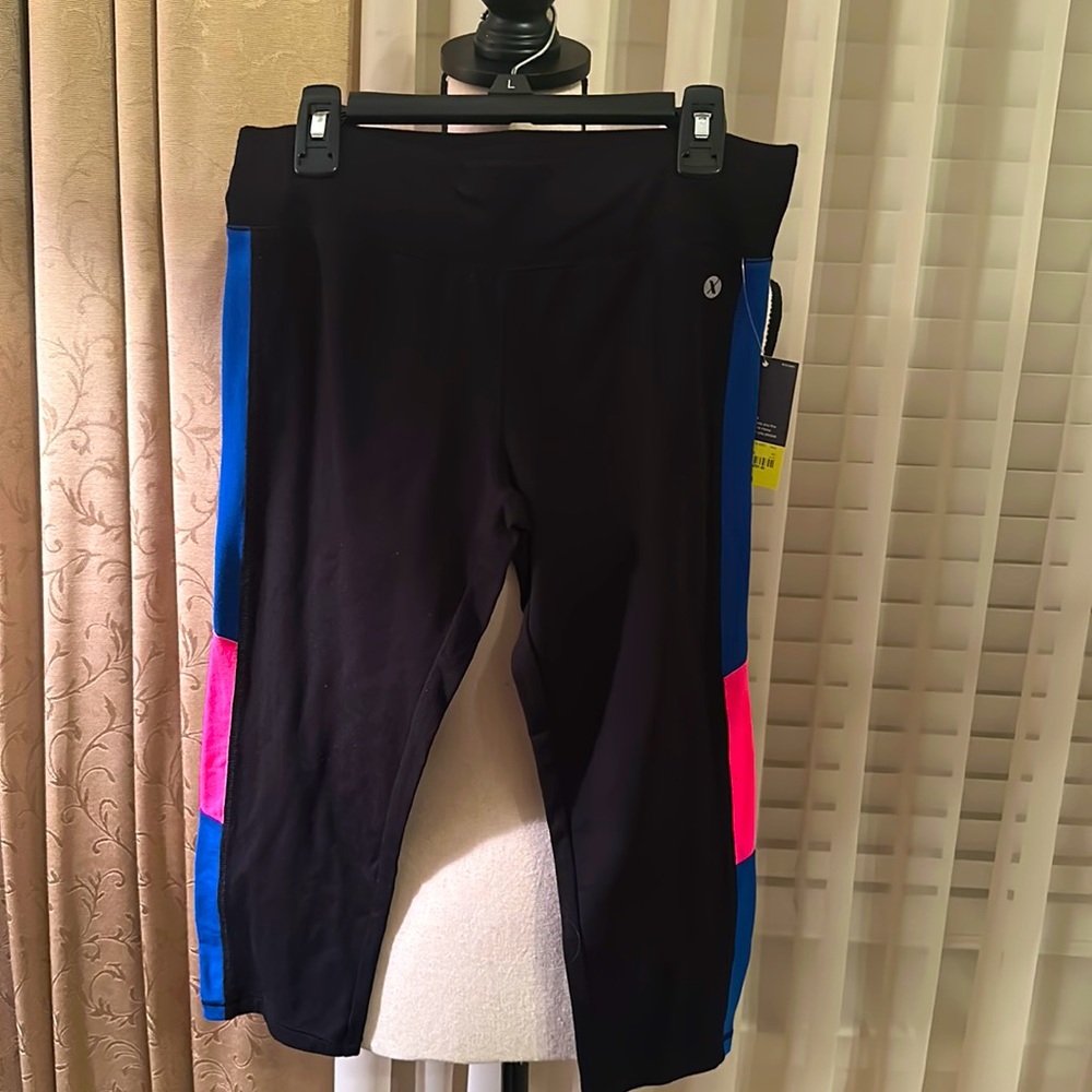 Xersion Size L 14 Black Leggings w/ Blue and Pink Lines on the Side